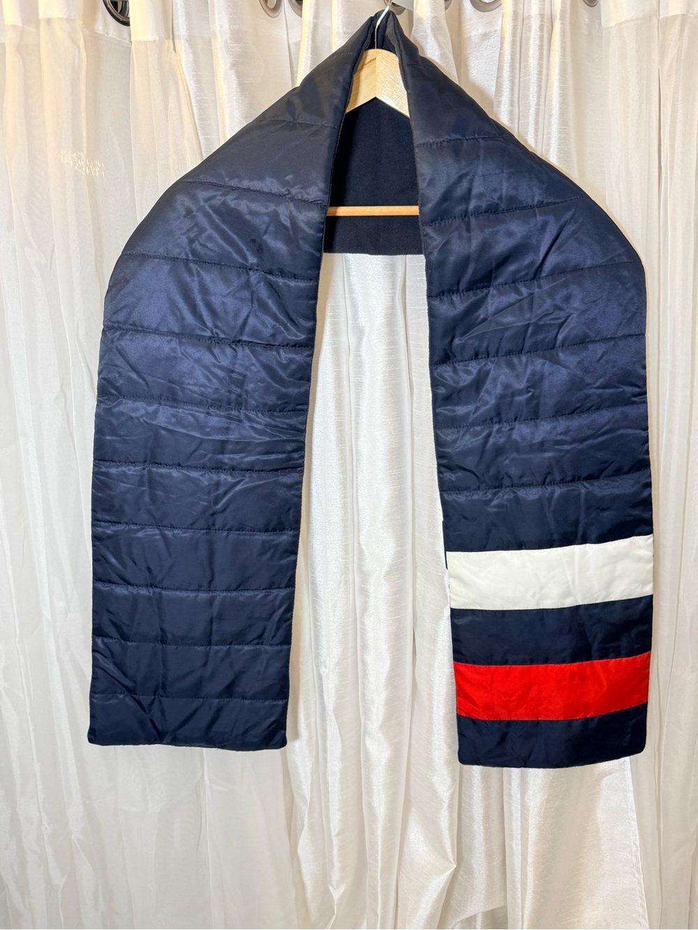 Tommy Hilfiger Navy Quilted Scarf with Red and White Stripes